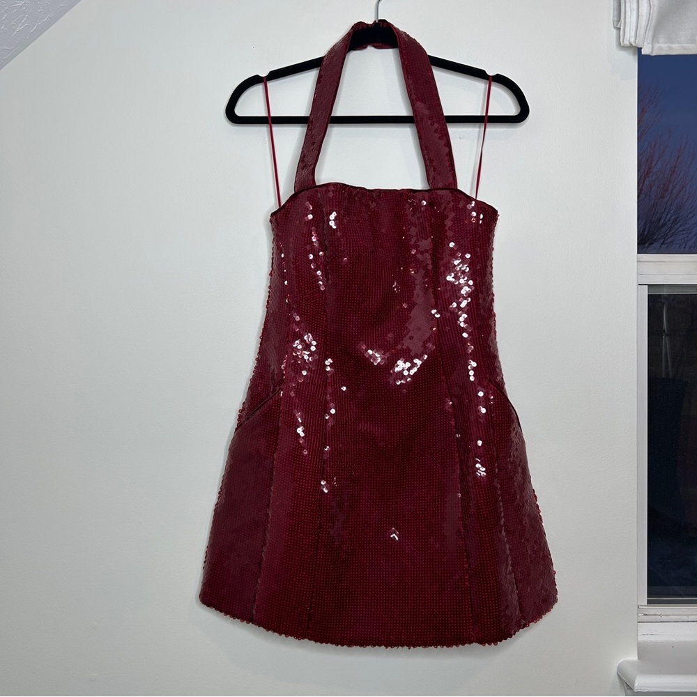 Bardot Nevelle Burgundy Sequin Halter Mini Dress Size 4 - Picture 5 of 12